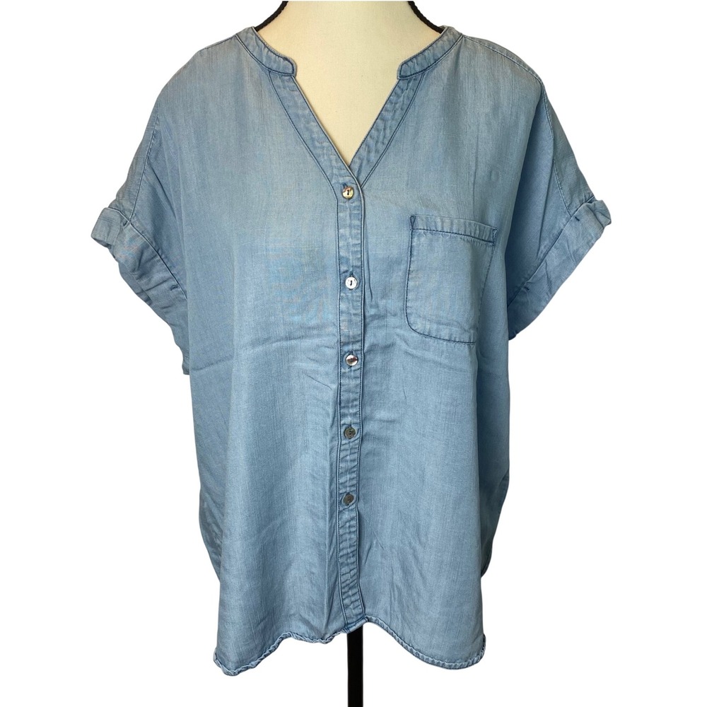 Hester & Orchard Chambray Button Down Top Women L Tencel Short Sleeve Coastal